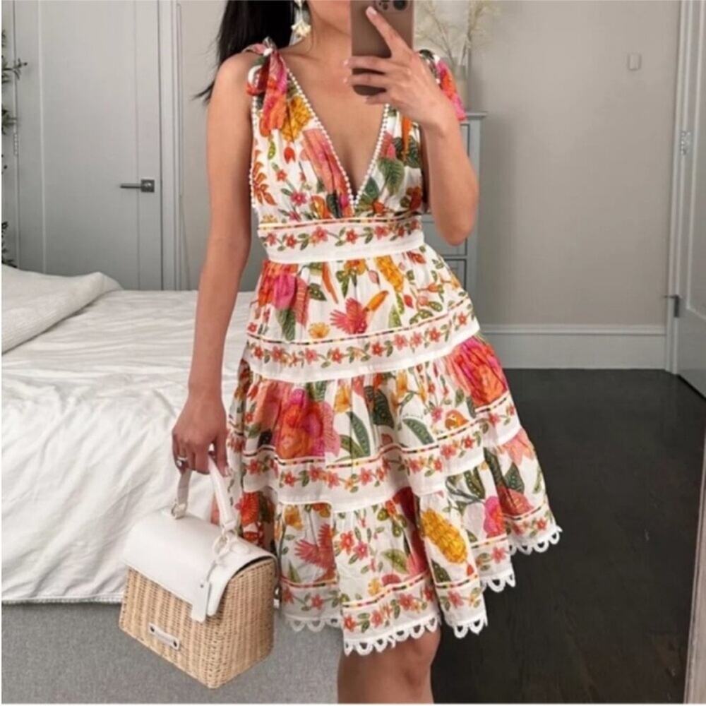 Farm Rio Macaw Bloom Tie-Strap Dress Med